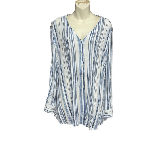 Style & Co size large blue/white Striped Button-Up Blouse - Picture 1 of 8